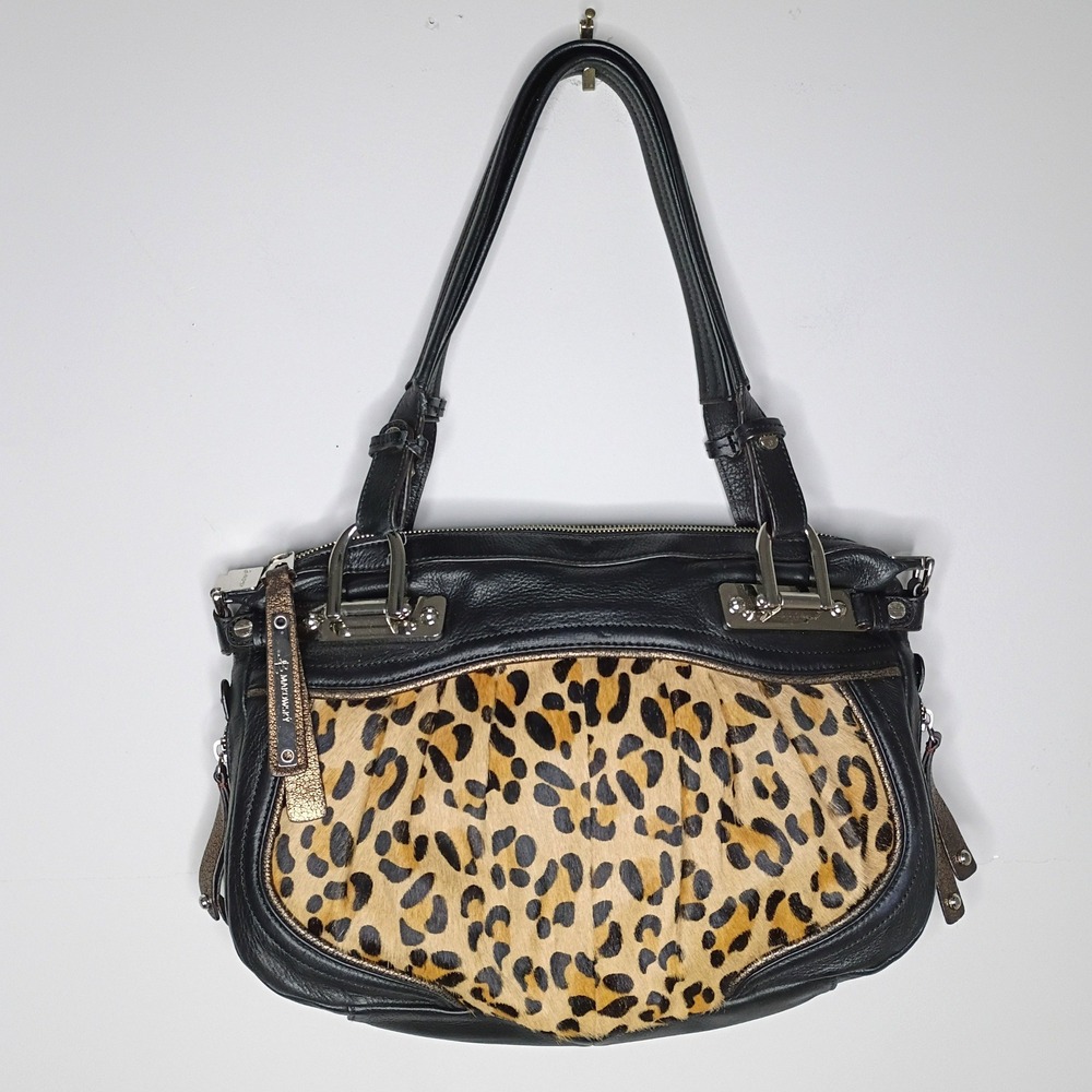 B. Makowski Leopard Satchel Shoulder Bag Calf Hair Black Leather
